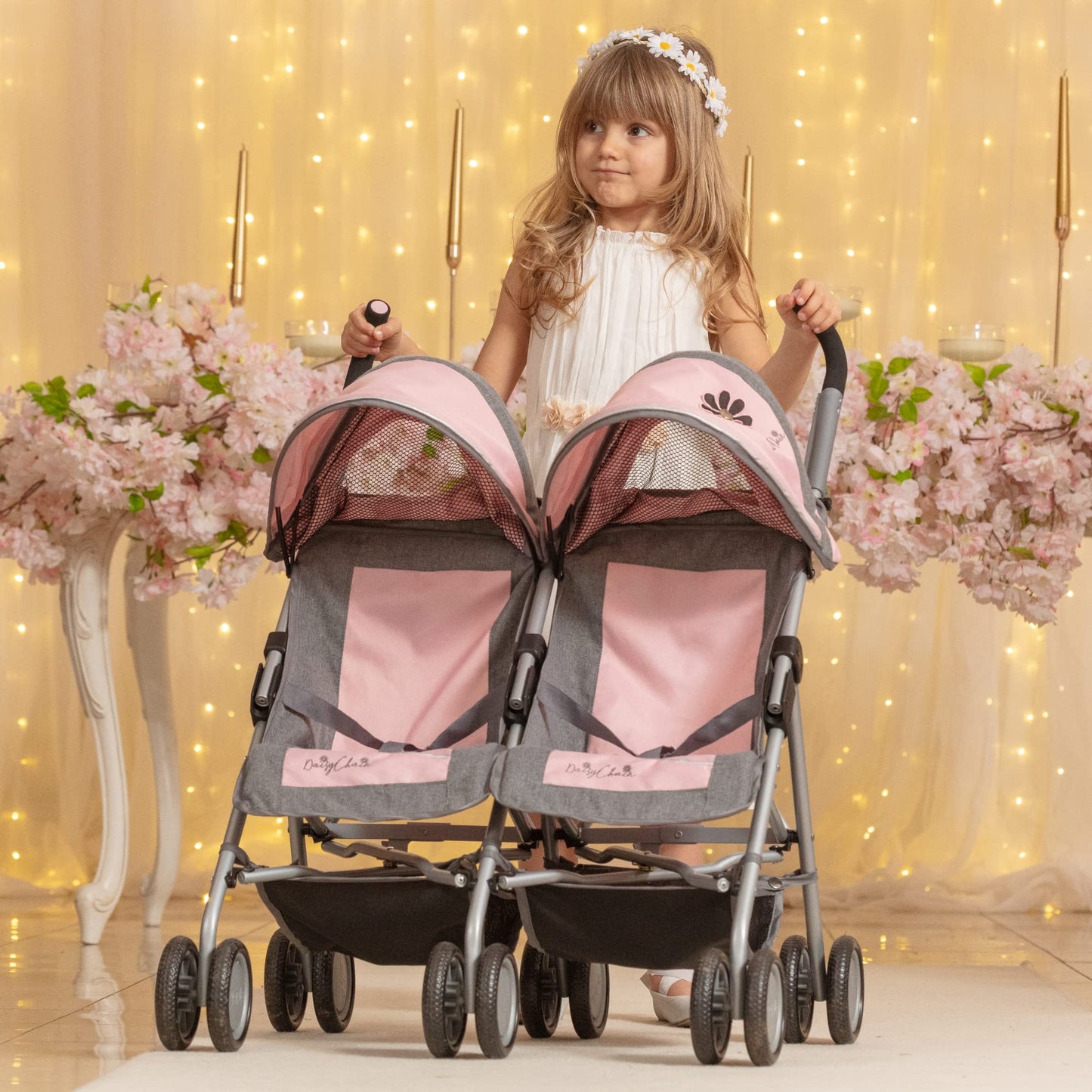 Daisy Chain Zipp Twin Max Dolls Pushchair – Adjustable handles from 76-82cm. For ages 4,5,6,7,8 or 9 years. (Classic Pink)