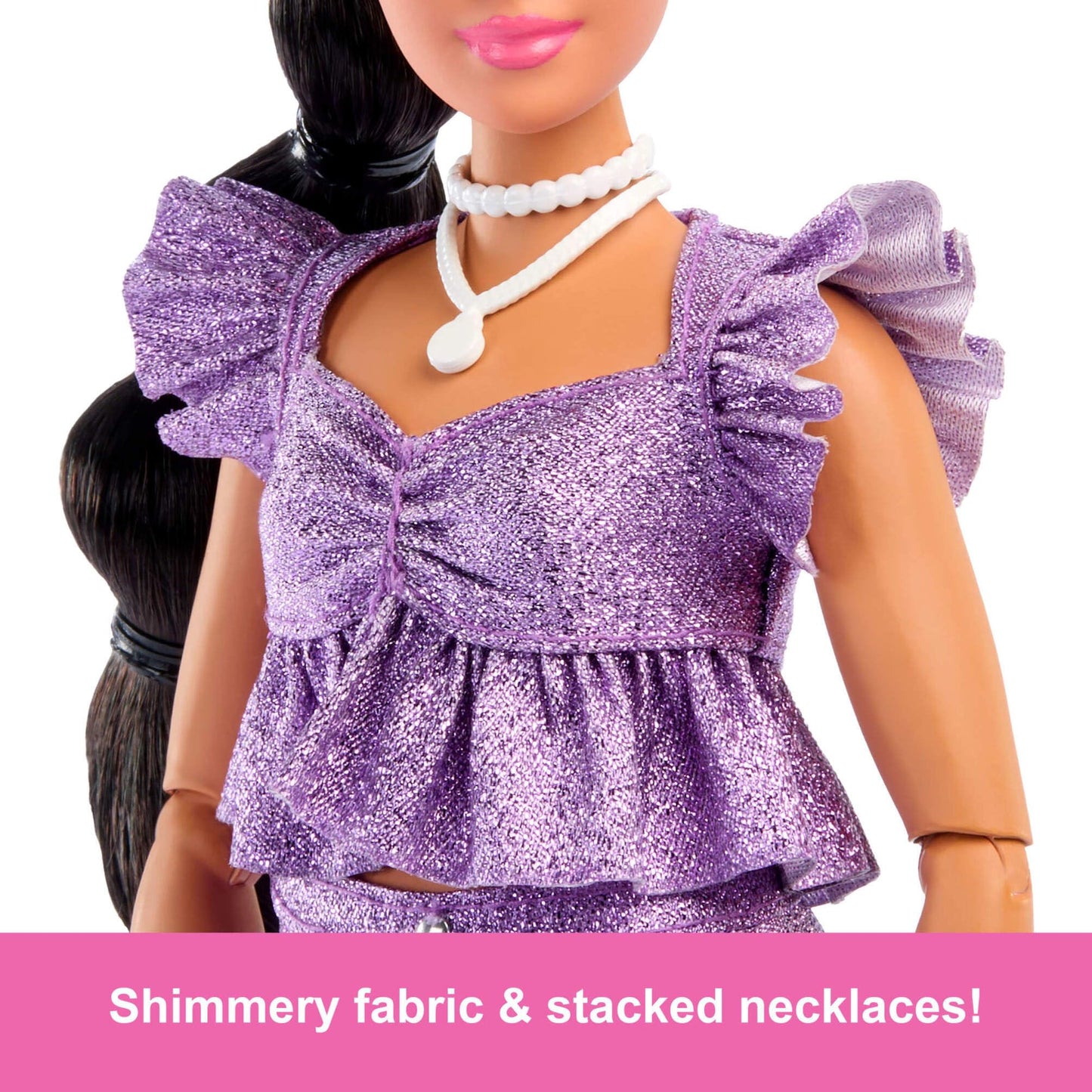 Barbie Deluxe Style Doll #8 in Metallic Purple Top and Sparkly Shorts, Black Hair in Braid, Accessories like Pearly Jewelry and Handbag, JFP43