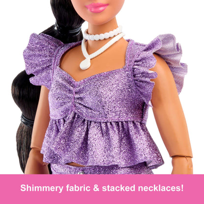 Barbie Deluxe Style Doll #8 in Metallic Purple Top and Sparkly Shorts, Black Hair in Braid, Accessories like Pearly Jewelry and Handbag, JFP43