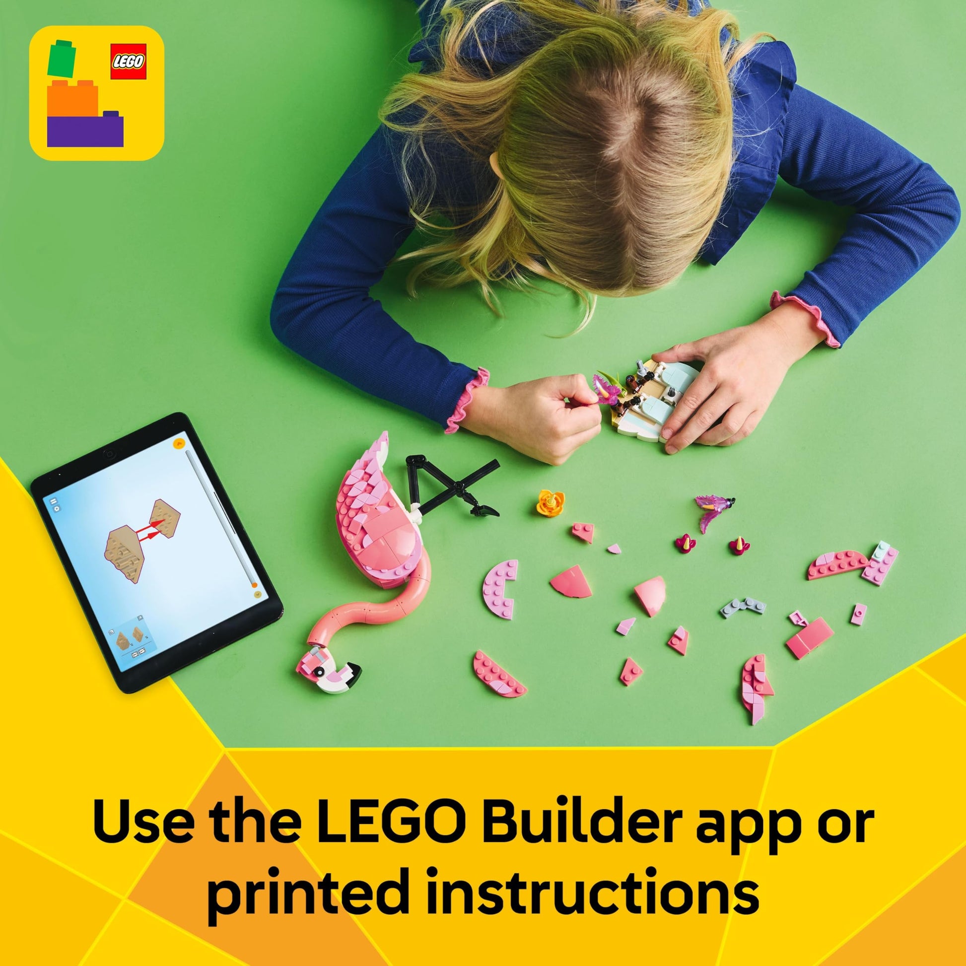 LEGO Creator 3in1 Wild Animals set featuring a pink flamingo, cockatoo parrot, and axolotl toy models.
