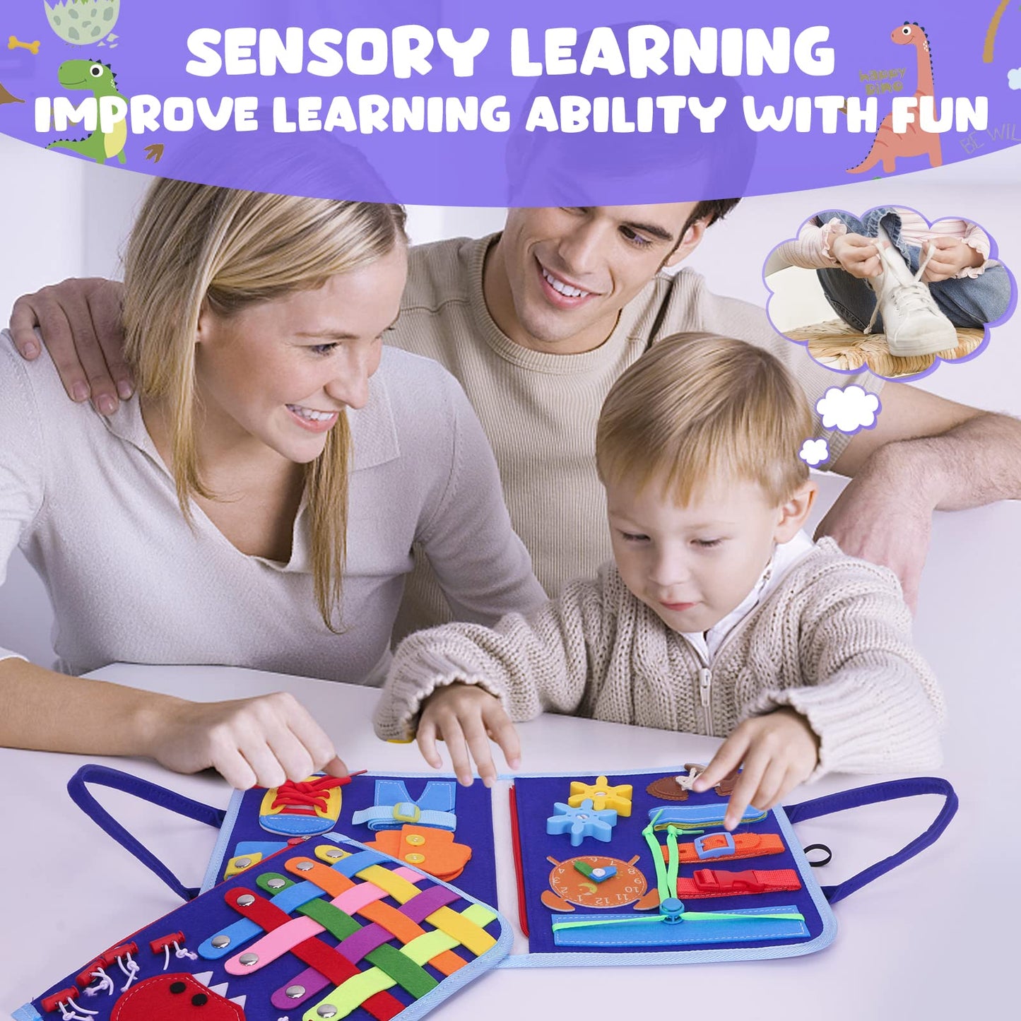 TuDou busy board for toddlers with colorful Montessori sensory activities, perfect for fine motor skills and preschool learning.