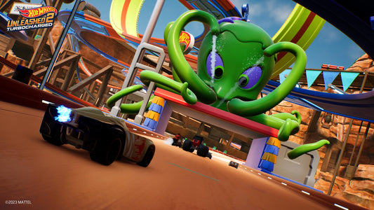 Hot Wheels Unleashed 2 Turbocharged Nintendo Switch game cartridge in a colorful case, featuring fast cars and vibrant racing scenes.