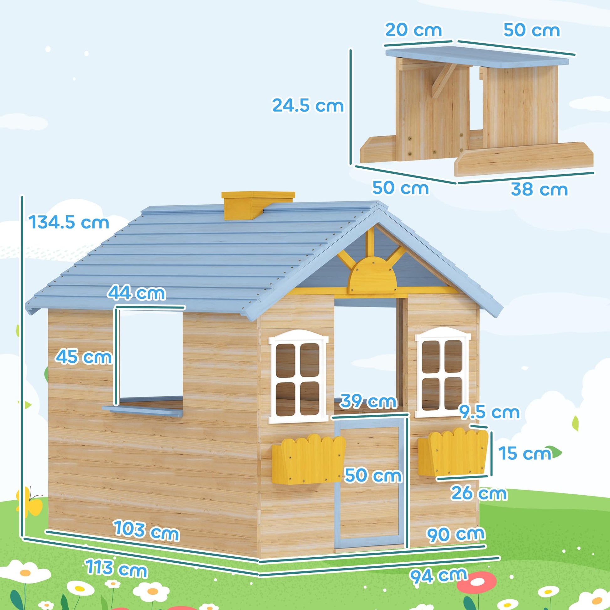 Outsunny wooden kids' playhouse with blue exterior, featuring windows, door, picnic bench, flower pot, and pretend play accessories.