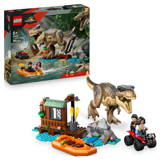 LEGO Jurassic World T. rex River Escape - Interactive Dinosaur Toy - incl. a Dino Figure, Boat Toy, ATV & 2 Minifigures - Gift for 5+ Year Old Boys & Girls - 76975