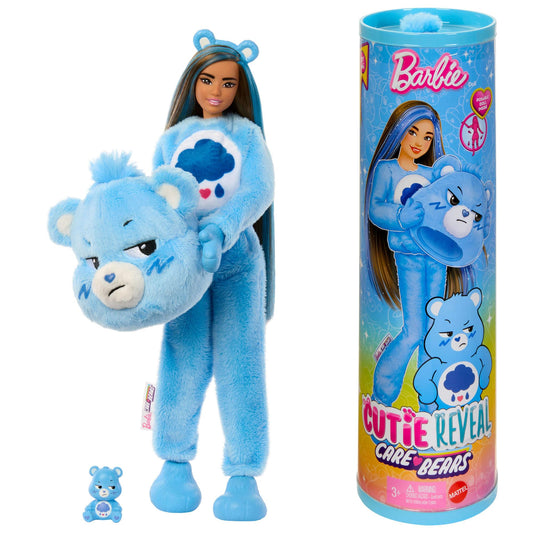 Barbie Cutie Reveal Care Bears Series Doll & Accessories Set with Grumpy Bear Plush Costume & 10 Surprises Including Color Change & Mini Bear, JCN96