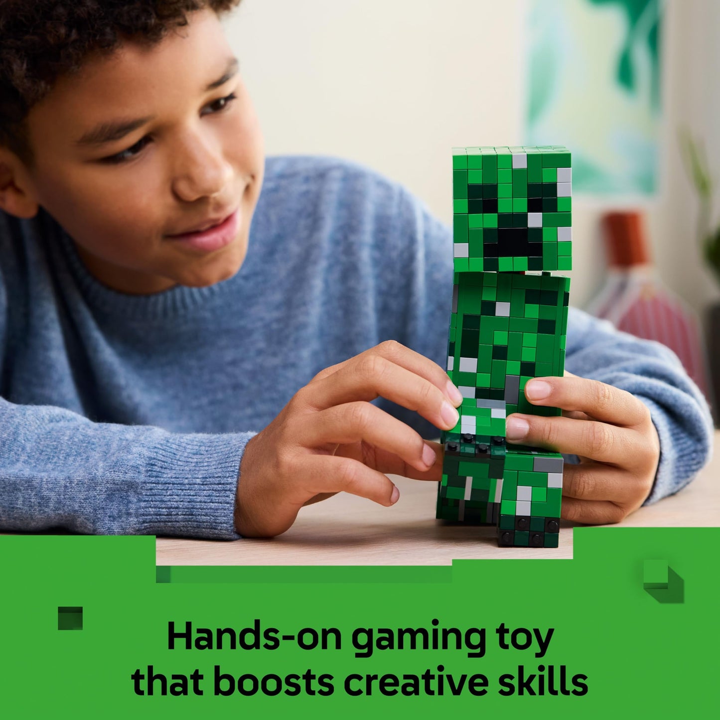 LEGO Minecraft Creeper posable figure with hidden compartment, pig, and TNT element, perfect for gaming fans aged 10+.