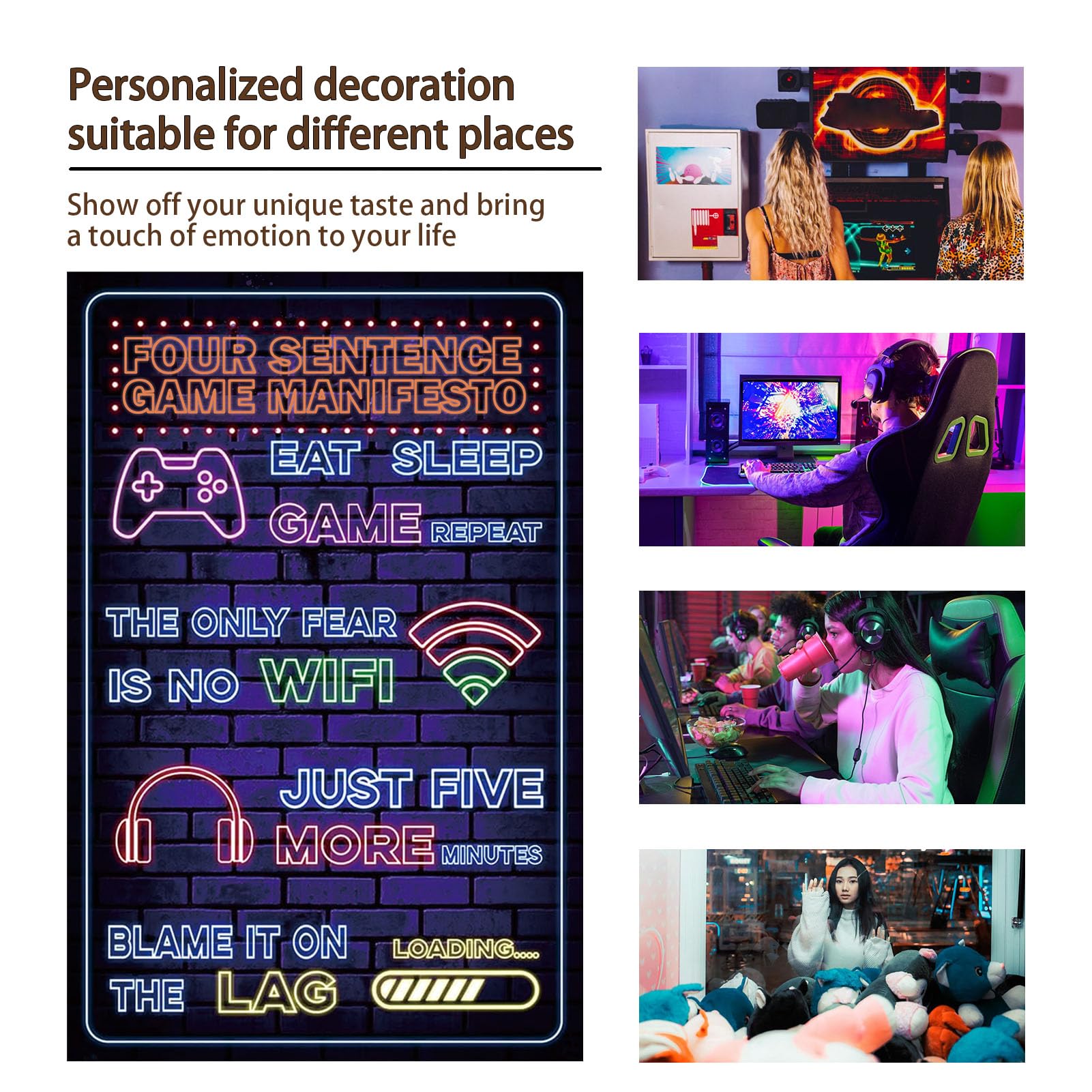 Neon gaming metal poster featuring funny gamer sign by Yiruhe, ideal wall decor for gaming rooms, 8x12 inches.
