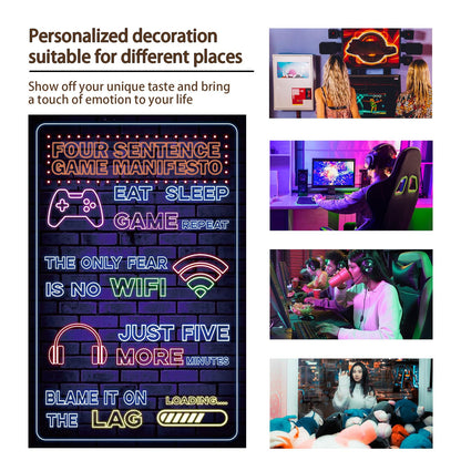 Neon gaming metal poster featuring funny gamer sign by Yiruhe, ideal wall decor for gaming rooms, 8x12 inches.