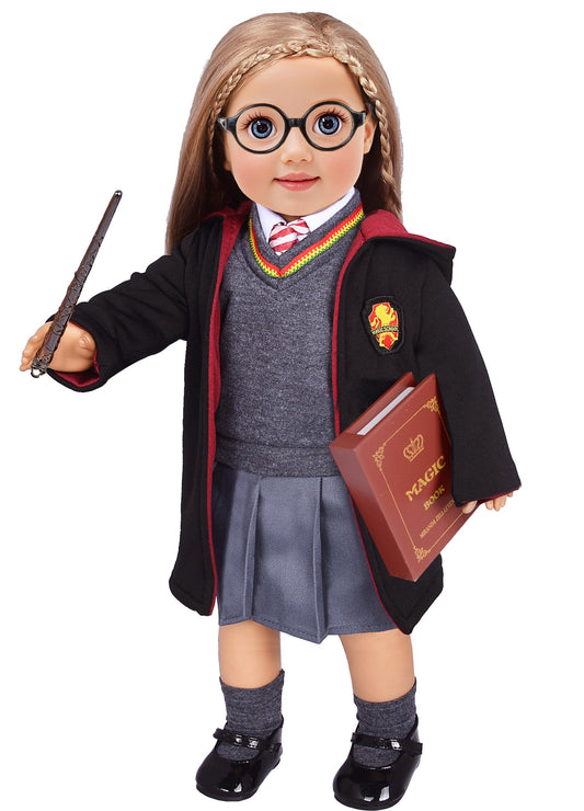 ebuddy Hermione Granger-inspired doll clothes set for American Girl dolls, featuring a Hogwarts uniform and magic book.