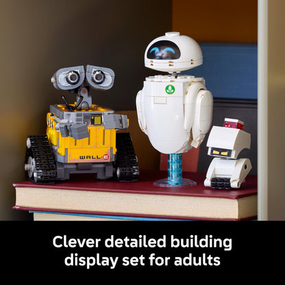 LEGO Disney Pixar WALL-E and EVE display model kit with M-O and Hal figures, showcasing brick-built robots for adult collectors.