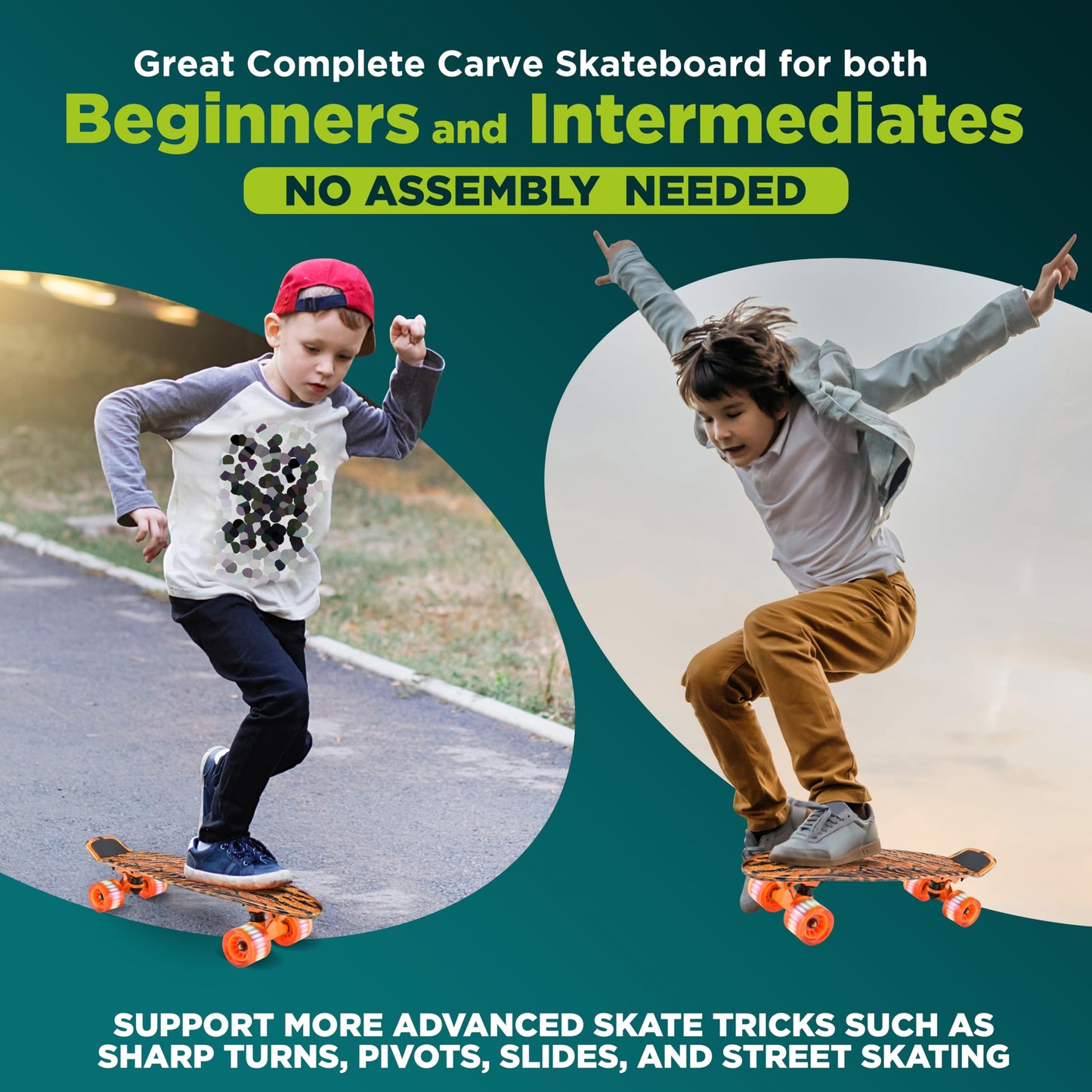 Hurtle Standard Skateboard Mini Cruiser - 6'' PP Deck Complete Double Kick Skate Board w/ 3.25" Aluminum Alloy Truck, PU Wheels w/LED Light - for Kids, Teens, Adults (Tiger), One Size, (HCSK10)