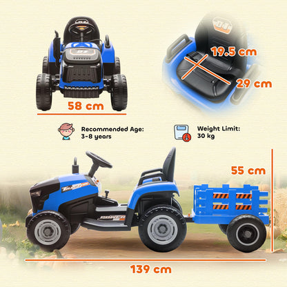 AIYAPLAY Ride on Tractor with Trailer, 12V Electric Vehicle with Remote Control, Ride on Car for Kids with Music, Shifter, Start-Up Sound for Ages 3-8 Years, Blue