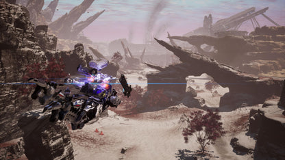 Gameplay screenshot of Daemon X Machina Titanic Scion for Nintendo Switch showing mecha combat in a futuristic setting.