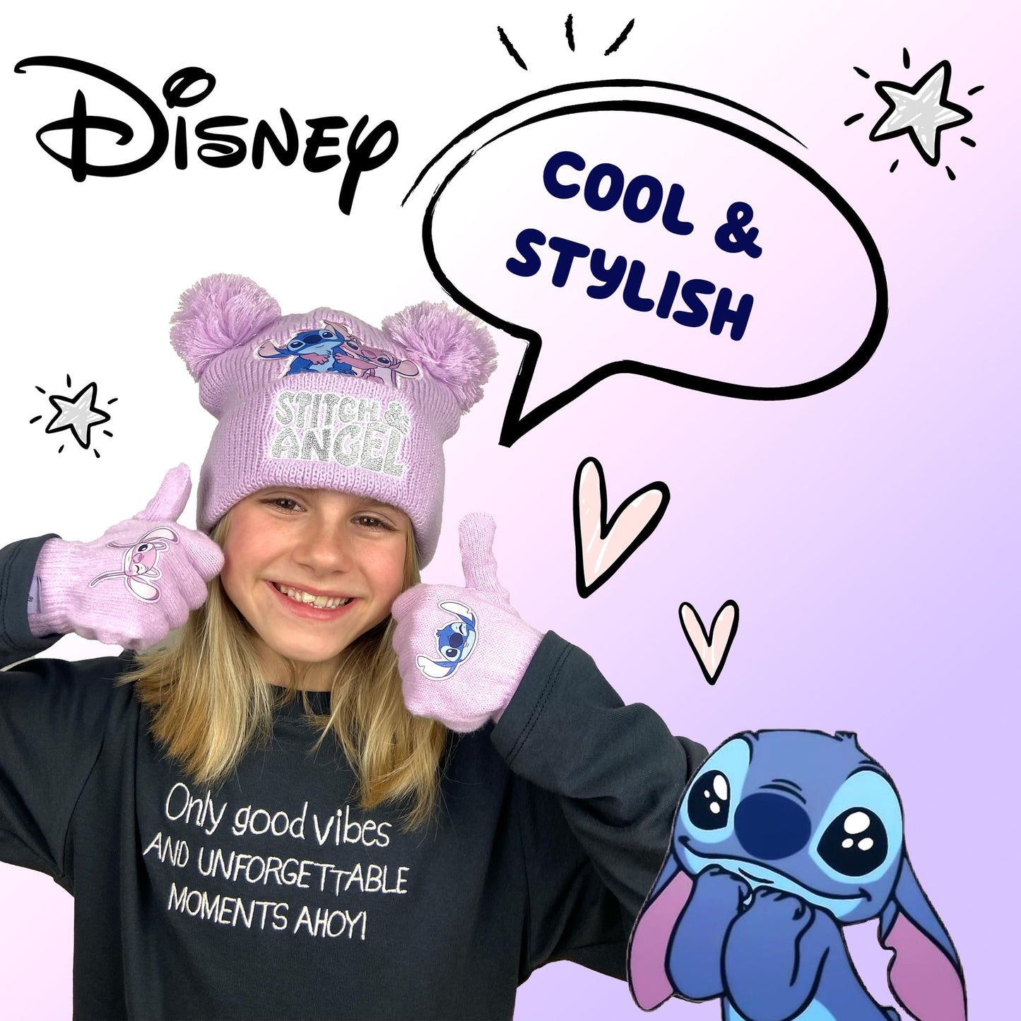 Disney Lilo & Stitch girls' winter hat and gloves set featuring a cozy beanie and matching gloves for kids aged 6-12.