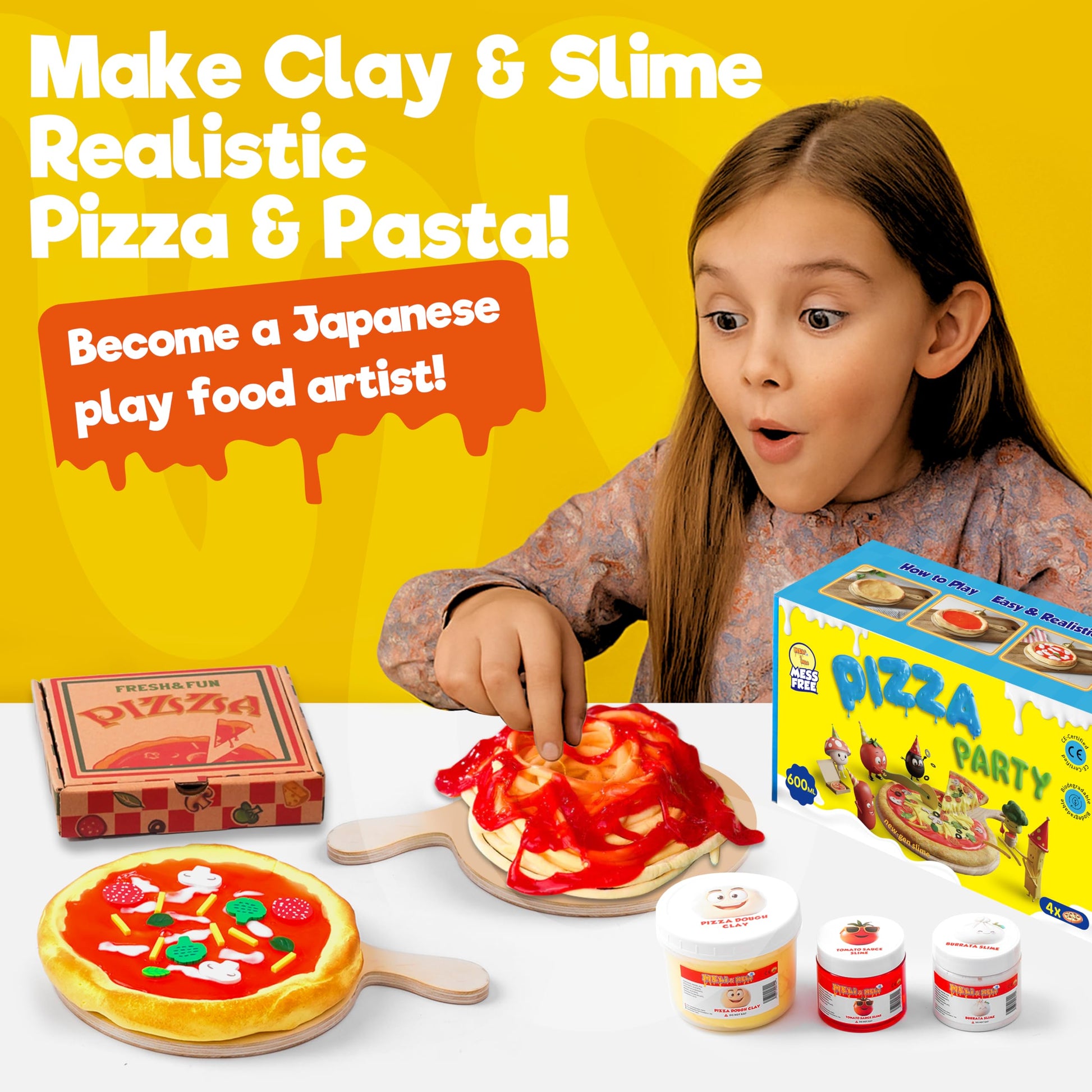 Meli&Melo slime making kit with pizza-themed non-sticky slime and air-dry modeling clay for kids' arts and crafts fun.
