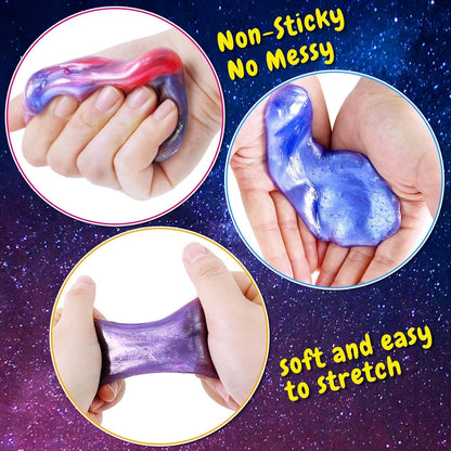 24-pack Galaxy Slime Balls from SJOAUET, stretchy, non-sticky slime toys, perfect for stress relief, party favors, and classroom rewards.