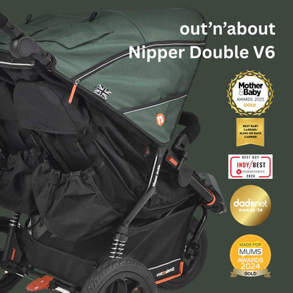 Out’n’About Nipper Double V6 Pushchair | Lightweight All-Terrain Twin Buggy with Raincover, 12” Air-Filled Wheels & Compact Fold | Side-by-Side Double Stroller for Newborn to Toddler - Sycamore Green