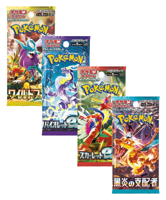 Japanese Pokémon booster bundle featuring four Pokémon TCG packs by Titan Cards, showcasing vibrant card artwork.