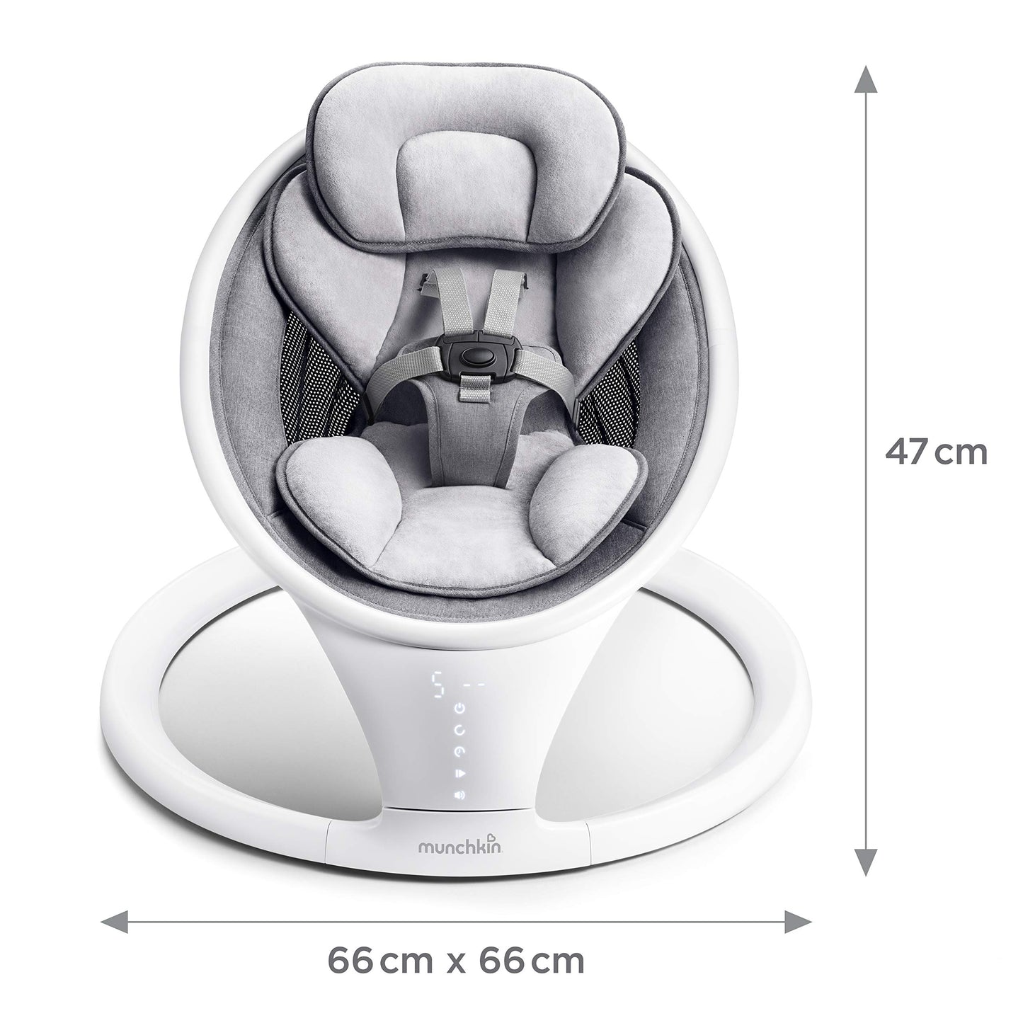 Munchkin electric baby swing in white with Bluetooth, portable bouncer chair with gentle rocking motion and soothing sounds.