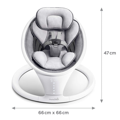 Munchkin electric baby swing in white with Bluetooth, portable bouncer chair with gentle rocking motion and soothing sounds.