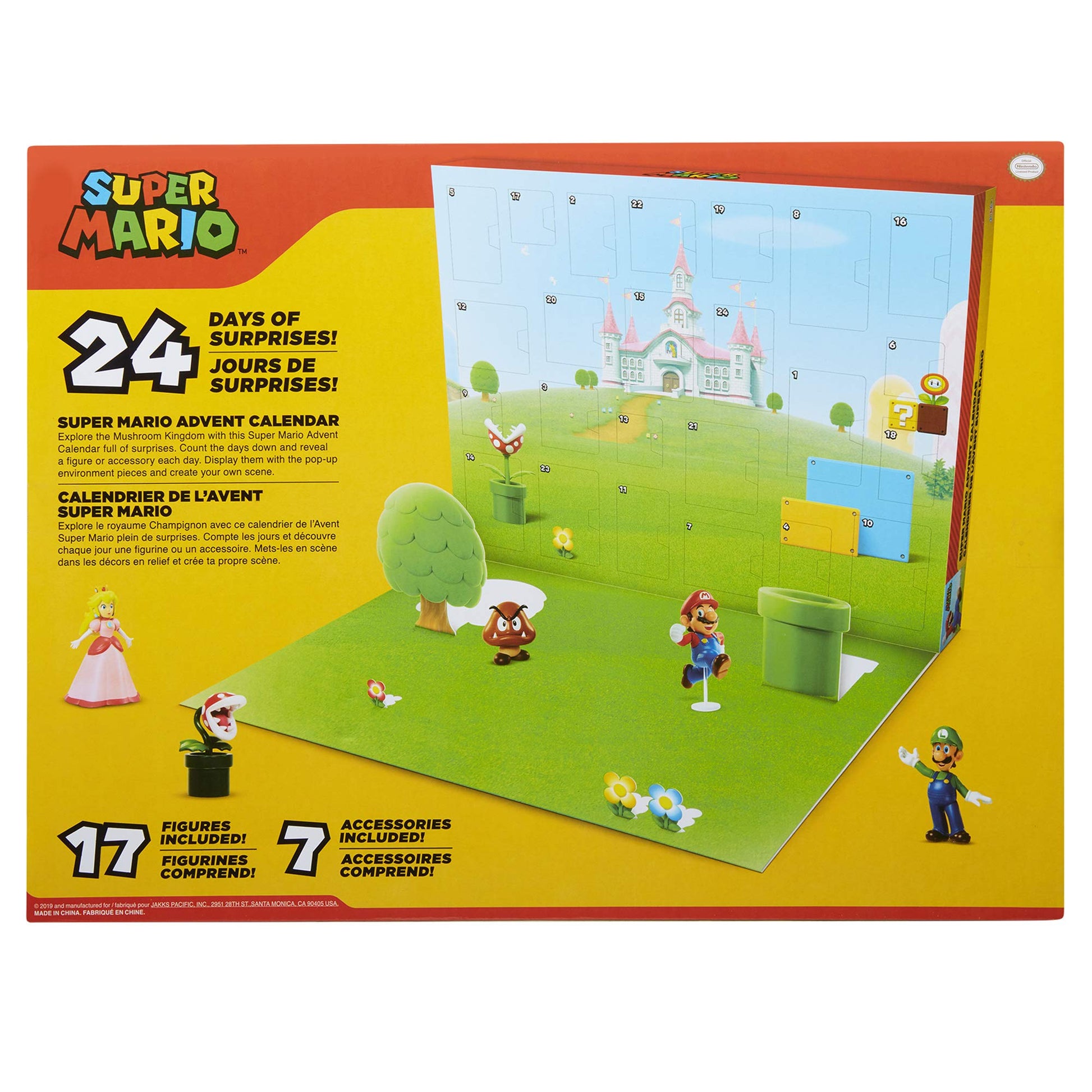 Super Mario Nintendo advent calendar with 24 surprise figures, accessories, and mystery characters in a holiday-themed display.