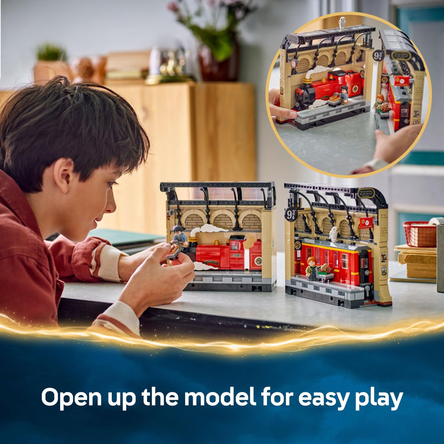 LEGO Harry Potter Book Nook set featuring Hogwarts Express, Ron Weasley, Hedwig, and Scabbers minifigures.