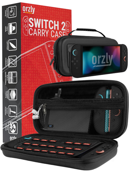 Orzly Nintendo Switch 2 travel case with screen padding, game card slots, microSD slots, zipped and open pockets for accessories