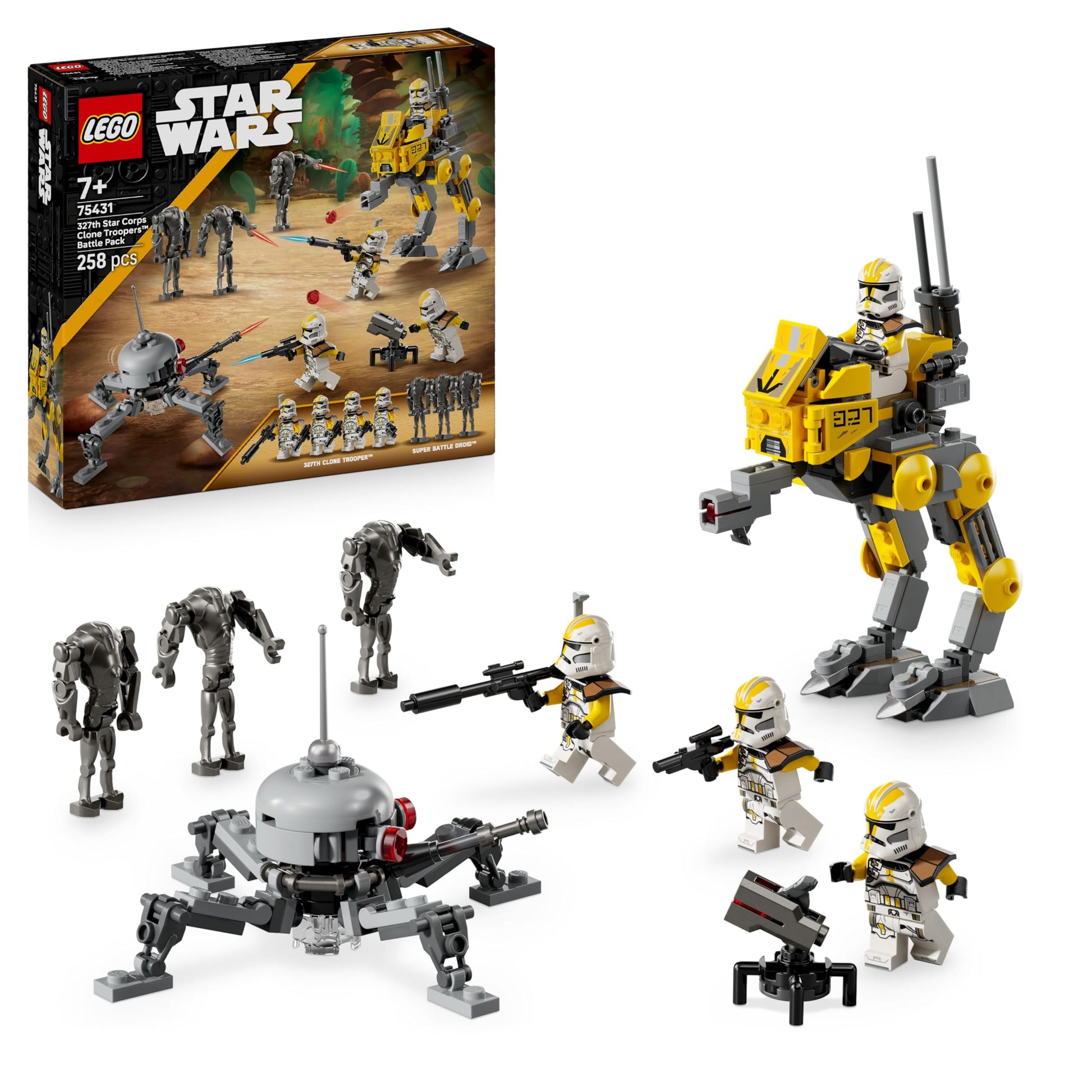 LEGO Star Wars 75431 327th Star Corps Clone Troopers Battle Pack with minifigures and battle droids on a display.