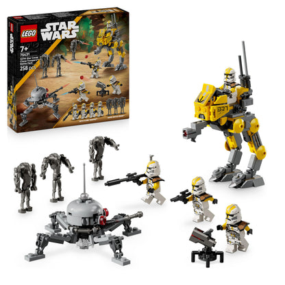 LEGO Star Wars 75431 327th Star Corps Clone Troopers Battle Pack with minifigures and battle droids on a display.