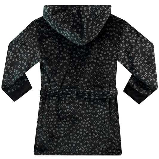 PlayStation boys' black dressing gown for ages 5-6, soft fabric with PlayStation logo, ideal for cozy comfort.