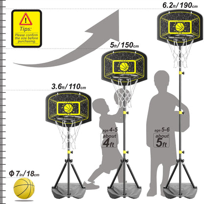 GILIKOKO Kids Basketball Hoop,Adjustable Height 3.6-6.2ft,Basketball Net Kids 3-5,4-8,Outdoor Indoor Toys Gifts for Boys or Girls at age 3 4 5 6 7 8,Steel Frame (Black)