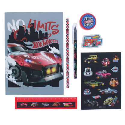 Blueprint Collections Hot Wheels Super Stationery Set with A5 exercise book, ruler, pen, pencil, eraser, sharpener, and stickers.