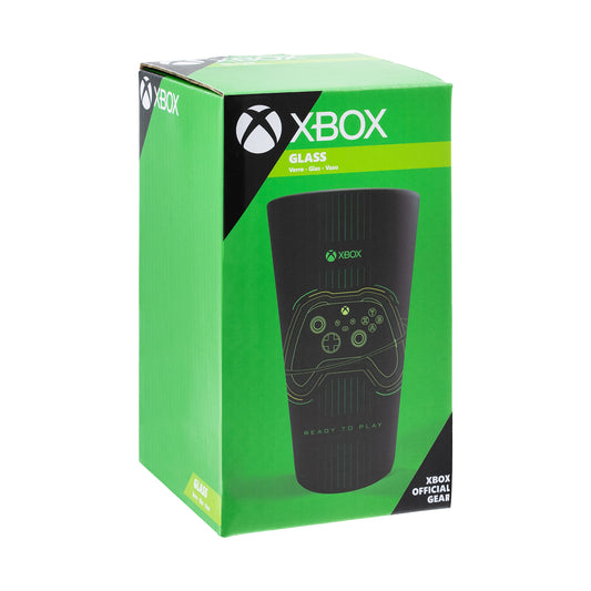 Paladone Xbox drinking glass with matte black and green design, featuring original Xbox controller artwork, 400ml tumbler for cold drinks