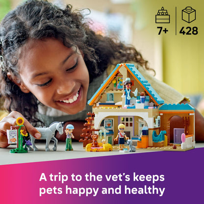 LEGO Friends Horse and Pet Vet Clinic with horse, cat, dog figures, mini dolls, stable, and accessories for creative play.