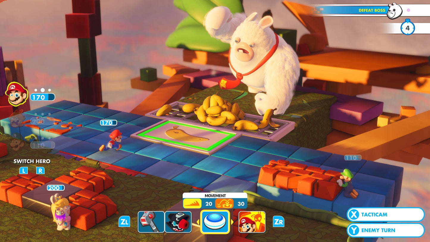 Nintendo Switch game cartridge for Mario + Rabbids Kingdom Battle by Ubisoft, featuring colorful characters from the game.