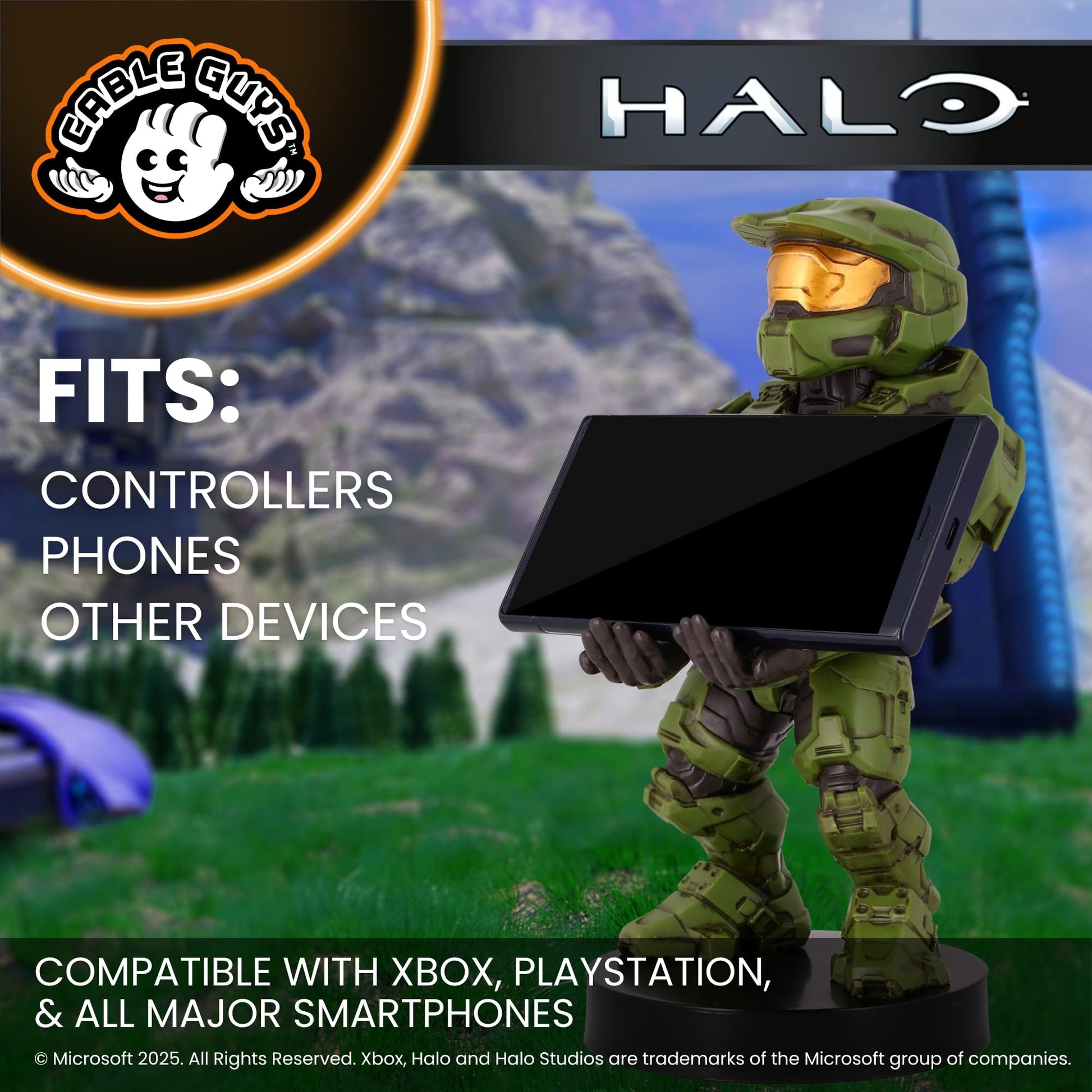 Cableguys Halo Master Chief controller holder and phone stand, compatible with Xbox, PlayStation, and standard gaming controllers.