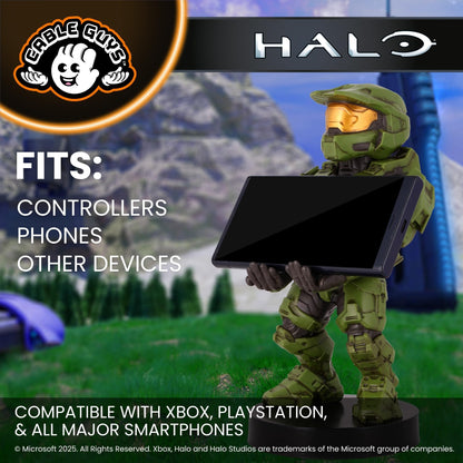 Cableguys Halo Master Chief controller holder and phone stand, compatible with Xbox, PlayStation, and standard gaming controllers.