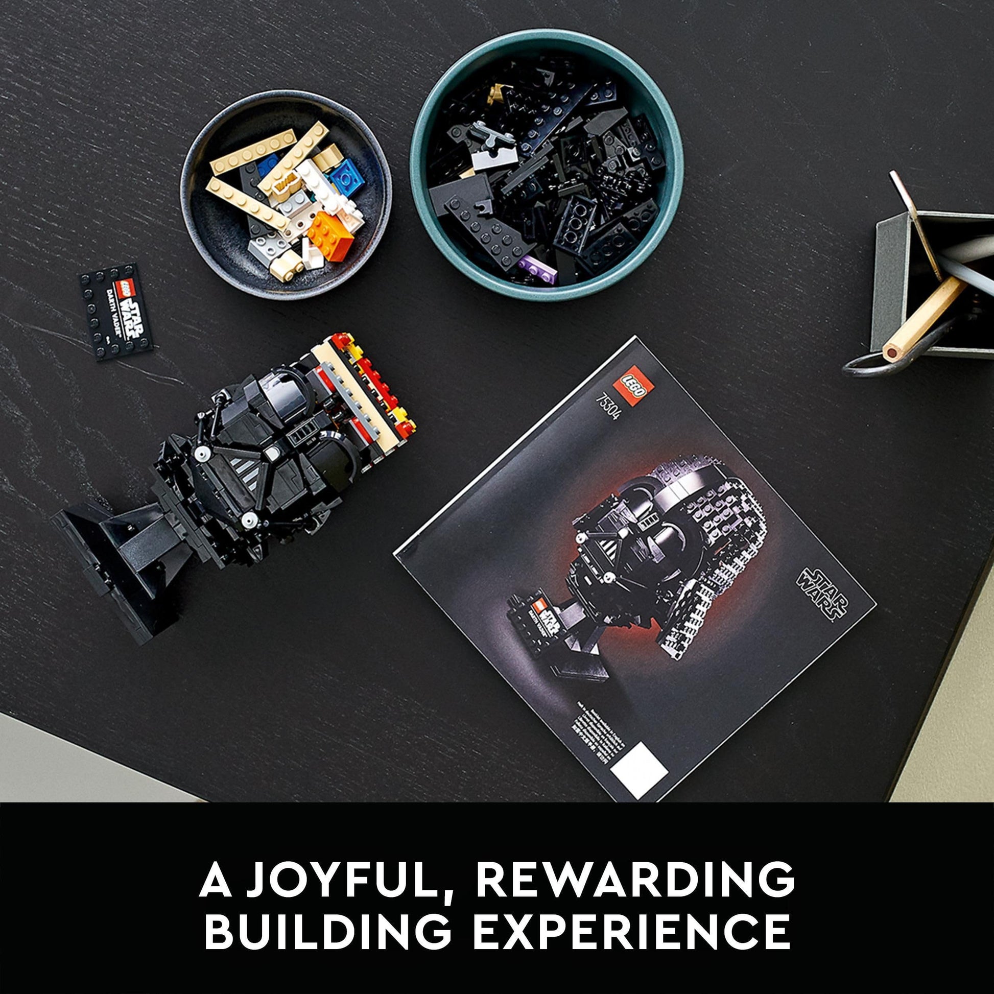 LEGO Star Wars Darth Vader Helmet model kit displayed on a shelf, showcasing intricate details and iconic design.