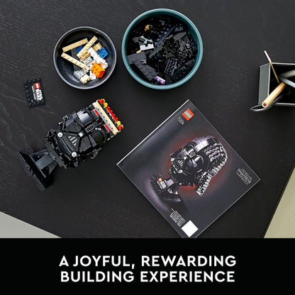 LEGO Star Wars Darth Vader Helmet model kit displayed on a shelf, showcasing intricate details and iconic design.