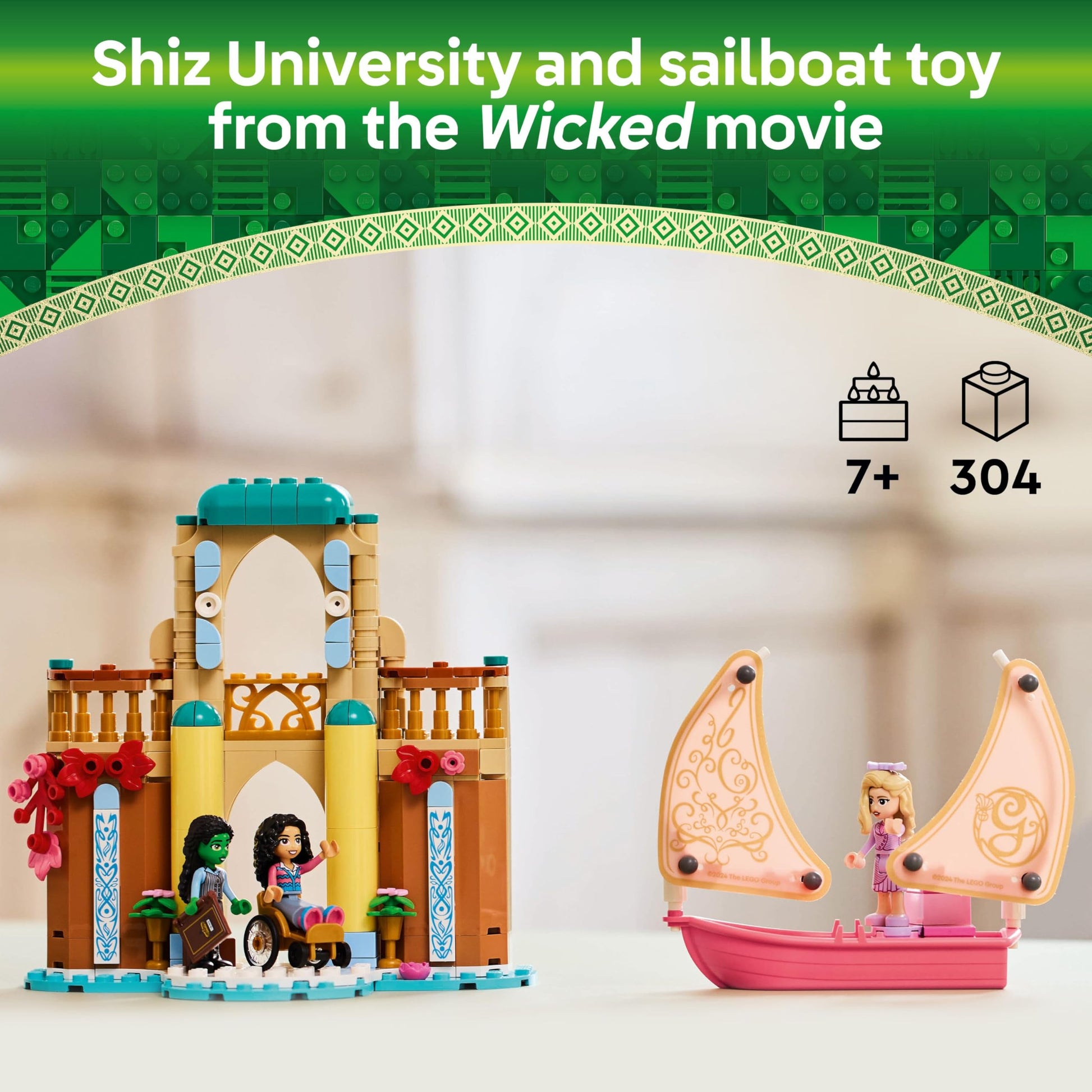 LEGO Wicked Glinda, Elphaba & Nessarose mini doll figures with boat and accessories at Shiz University building toy.