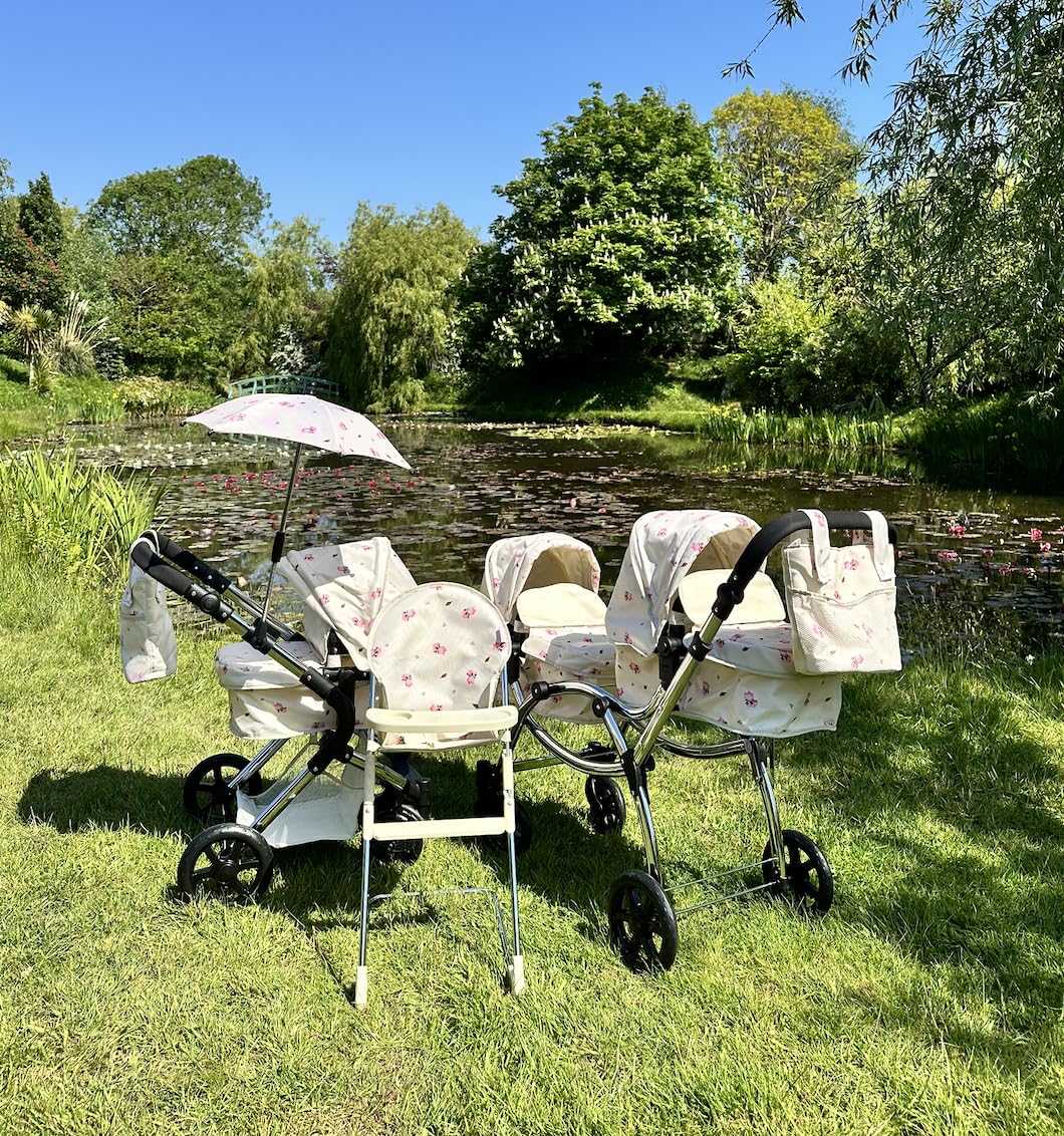 Roma Darcie Twin Cream Dolls Pram - Adjustable Handle Dolls Pushchair for Reborn Dolls, Double Dolls Pram with 16 Combinations, Bag & Shopping Basket - Ideal for Ages 3-16