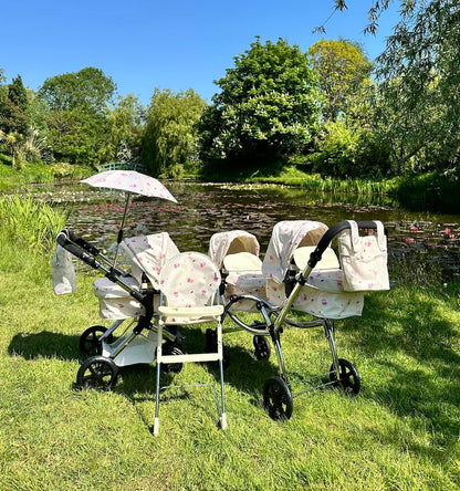 Roma Darcie Twin Cream Dolls Pram - Adjustable Handle Dolls Pushchair for Reborn Dolls, Double Dolls Pram with 16 Combinations, Bag & Shopping Basket - Ideal for Ages 3-16
