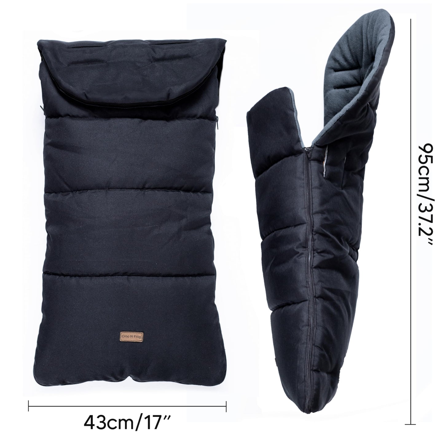Croc N Frog universal baby bunting footmuff with polar fleece, water and windproof, suitable for strollers, buggies, and prams.