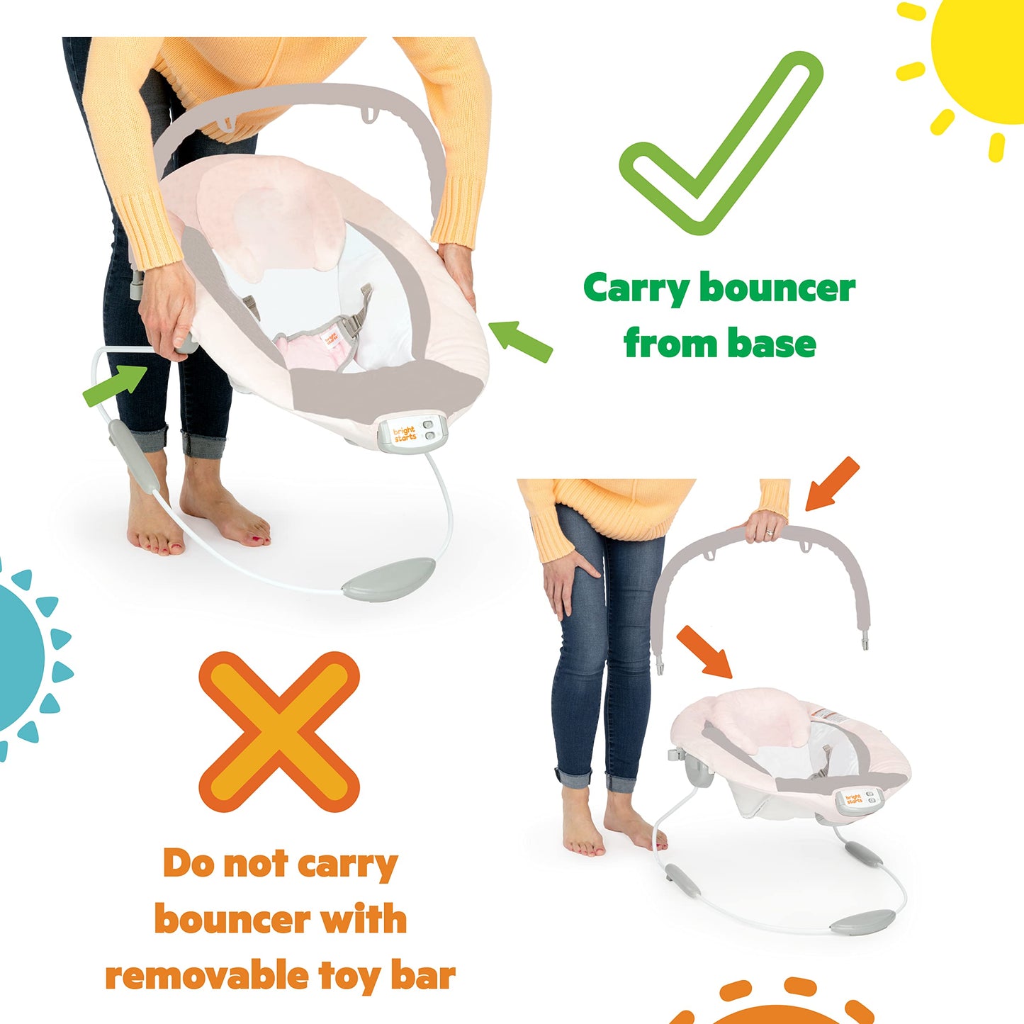 Bright Starts Playful Pinwheels Bouncer with colorful fabric, padded seat, and adjustable canopy for infants' comfort and entertainment.