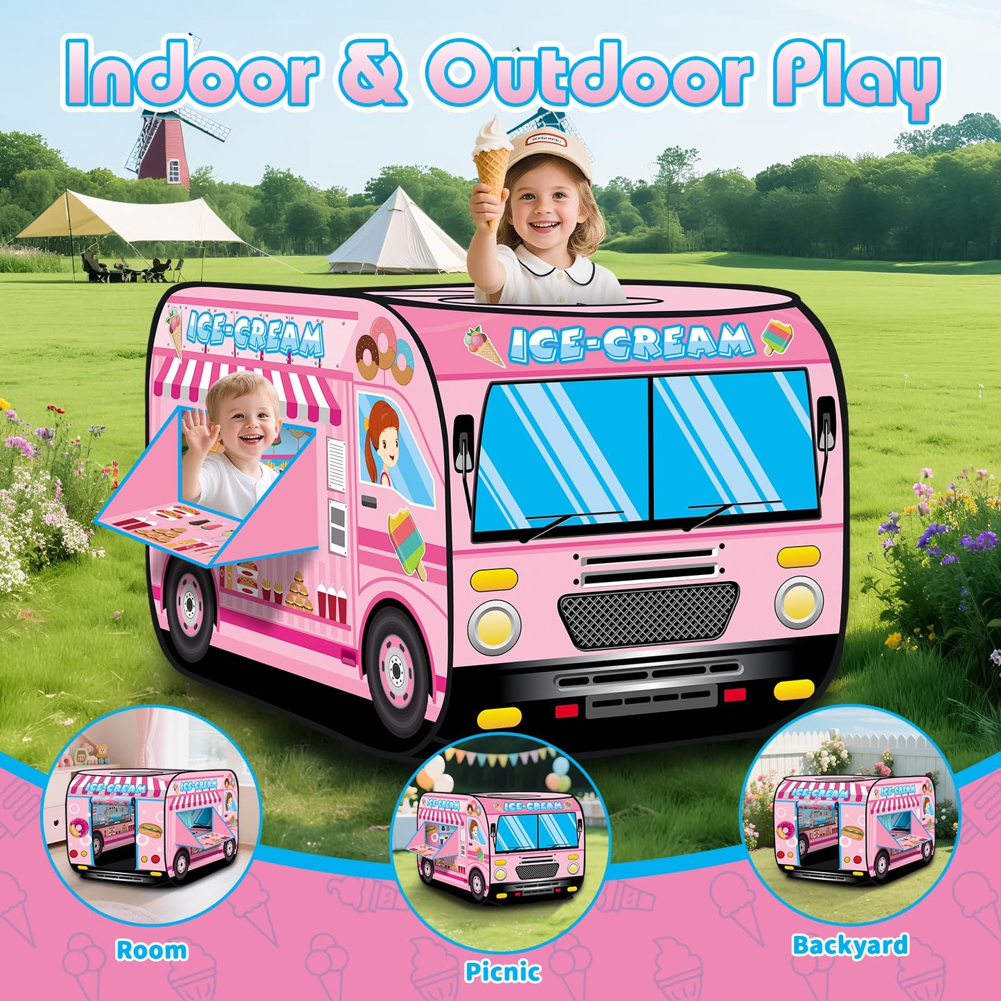 deAO Ice Cream Truck Foldable Play Tent –Children Play House Indoor Outdoor Play Toy Great Gift for Girls Boys 3 4 5 Years Old
