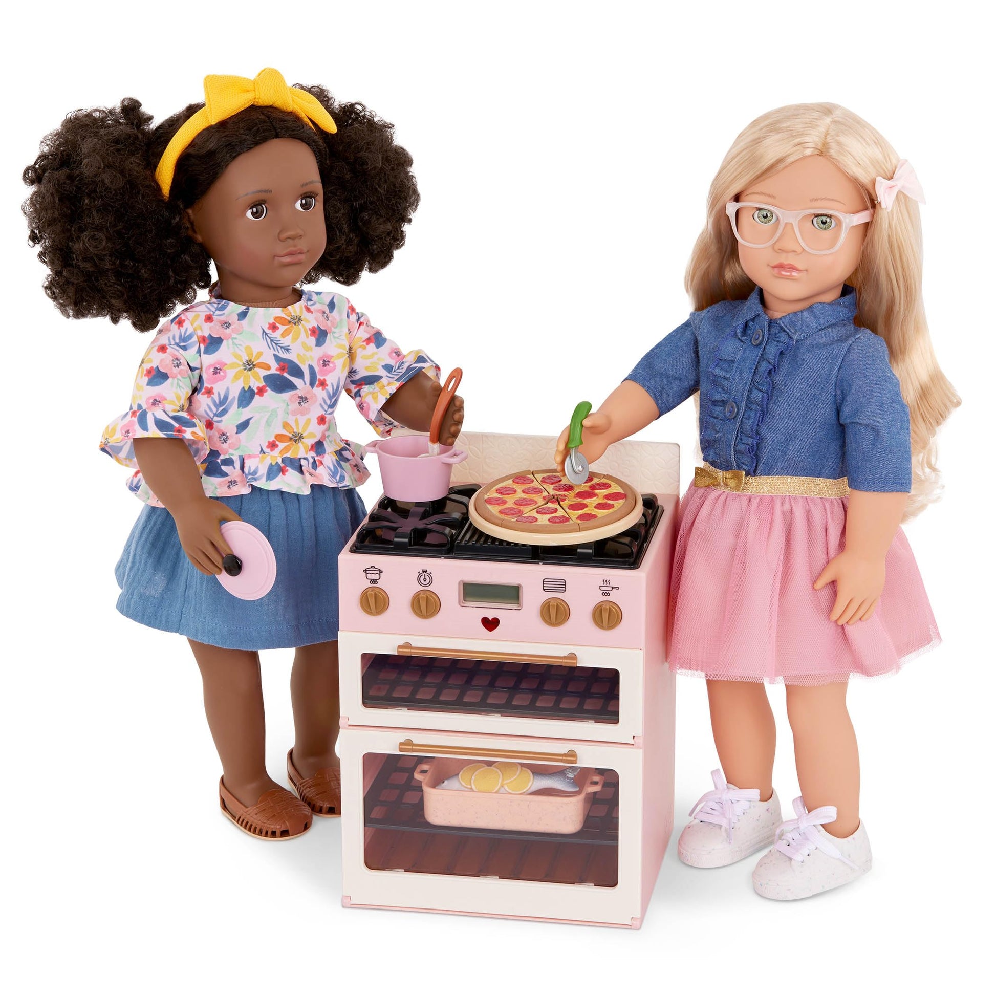 Our Generation Make & Bake Stove playset featuring a double oven and miniature kitchen accessories for 18-inch dolls.