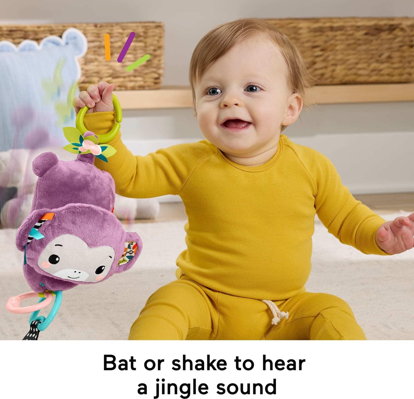 Fisher-Price Baby Stroller Toy Purple Monkey with crinkle and clackers, sensory plush for newborns, Sing & Go musical toy.