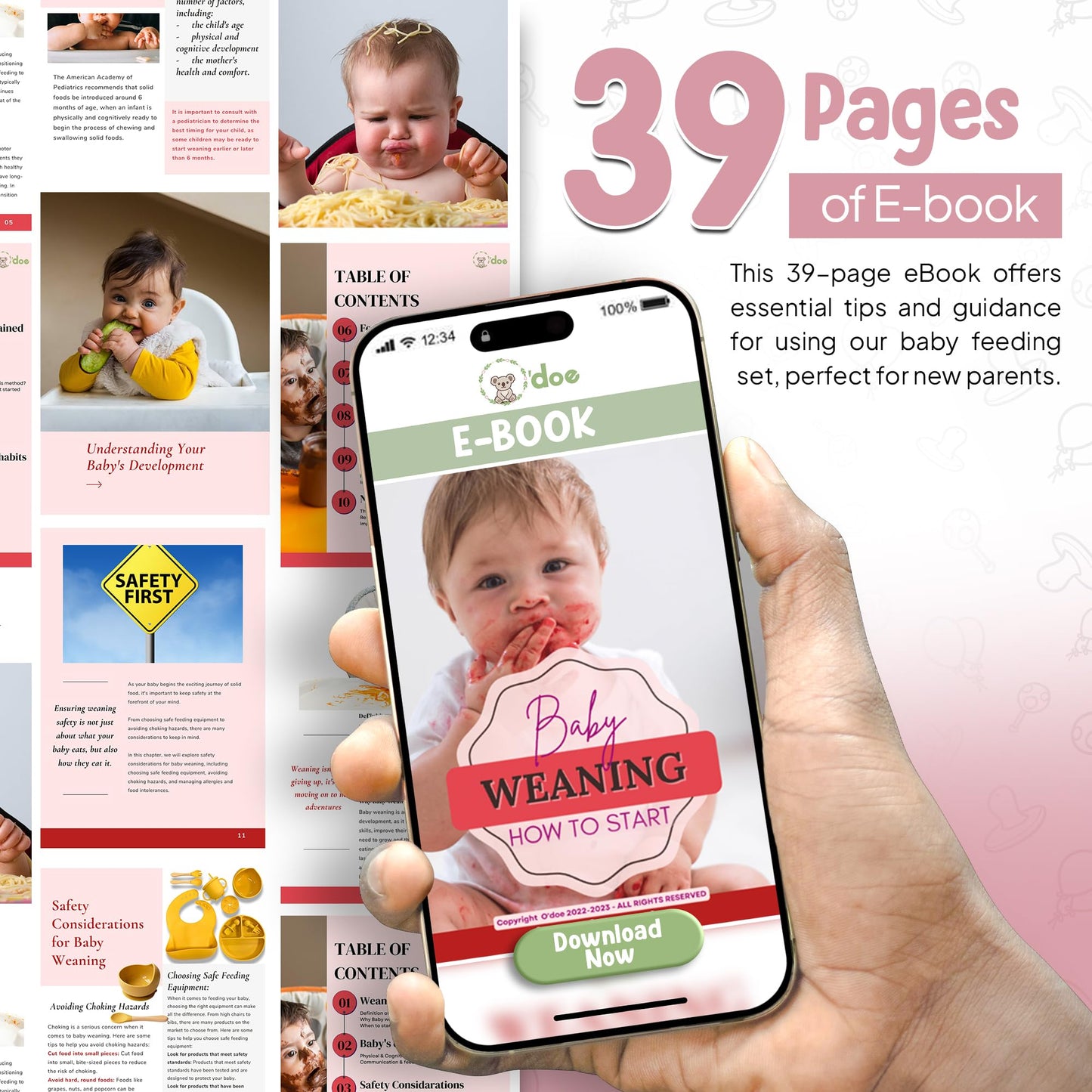 O'doe 17-Piece Baby Weaning Set | Led Weaning Supplies for Toddlers | Silicone Feeding Set BPA-Free, Bowl, Self-Eating Utensils, Spoons, Bibs, Sippy Cup, Food Plate Kit With Lid | Pink V2