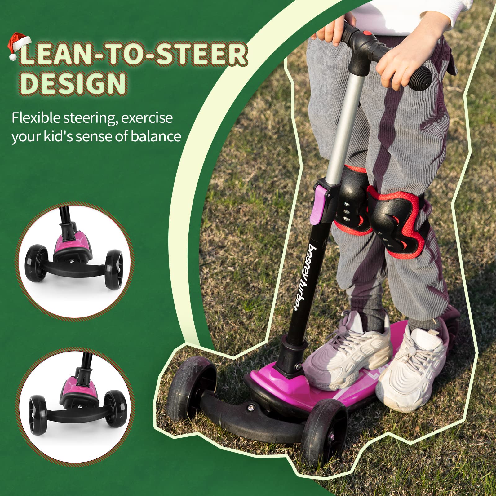 besrey Kids Kick Scooter with 3 wheels, foldable design, LED light wheels, adjustable height, wide deck for outdoor fun.