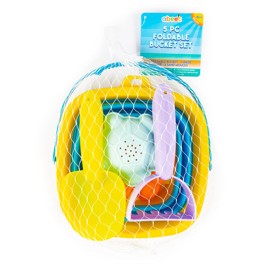 abeec 5 Piece Foldable Beach Bucket Set – Collapsible Sand Bucket & Sandpit Toys – Ideal Beach, Outdoor, Water, and Sand Toys for Kids